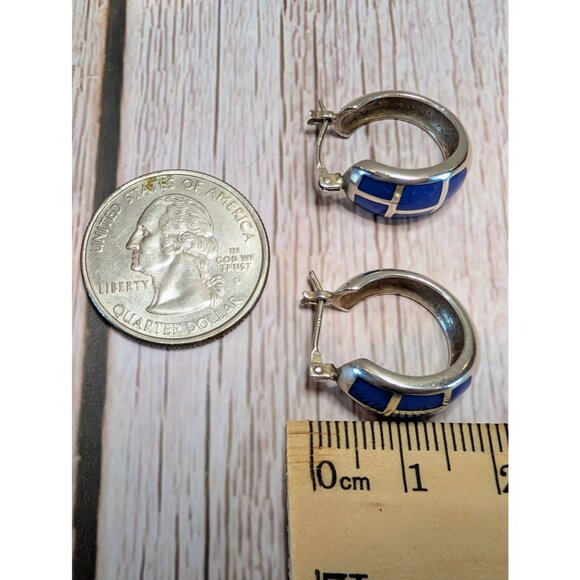 Silver Hoop Earrings With Blue Lapis Inlay For Women - Picture 4 of 10